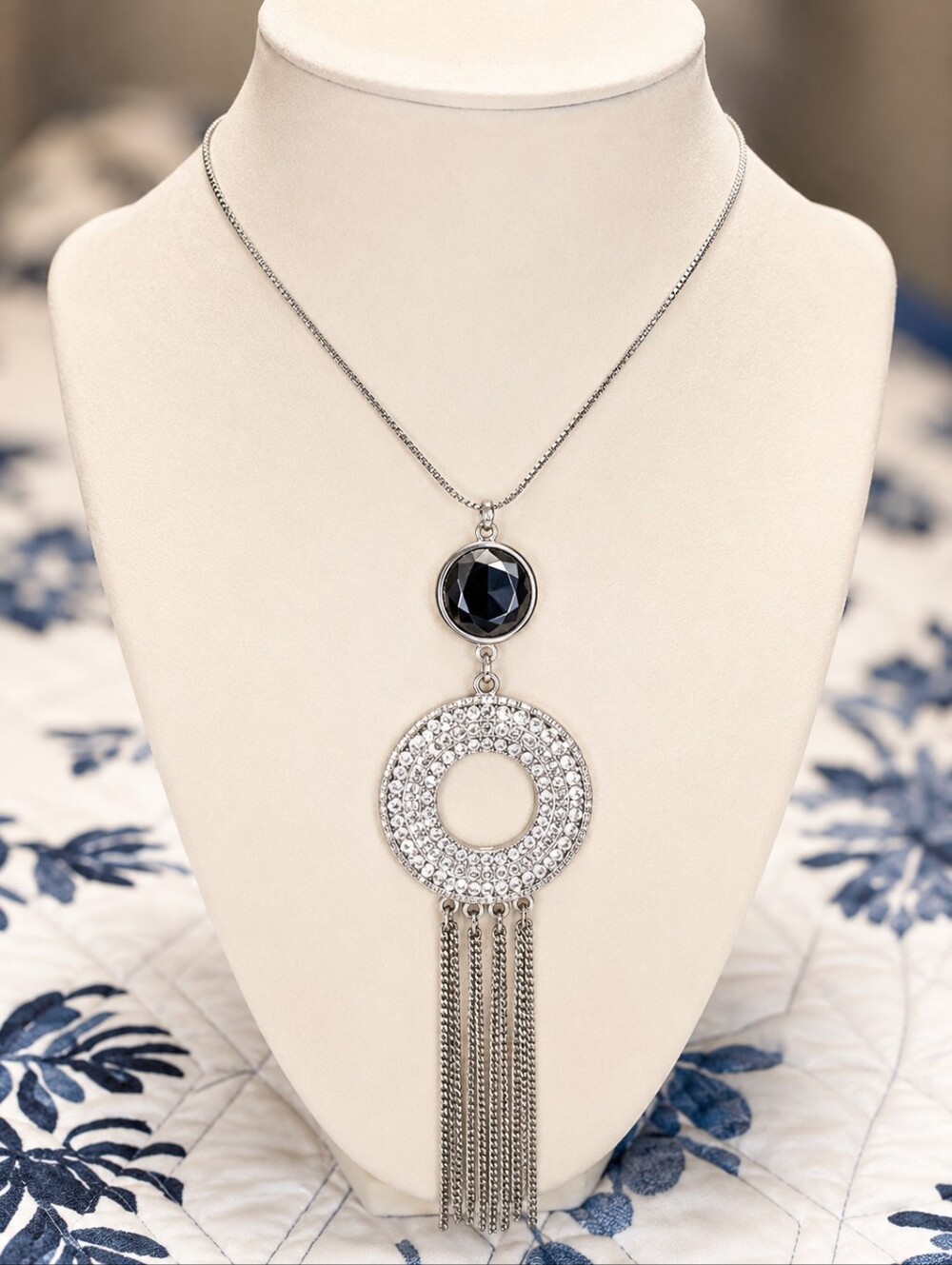 🕯 Silver Crystal Tassel Statement Necklace Black Stone Long Pendant Glam